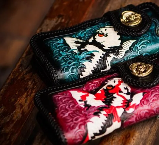 Cool Handmade Leather Tooled Carp Mens Biker Chain Wallet Long Leather Biker Wallet With Chain Wallets for Men