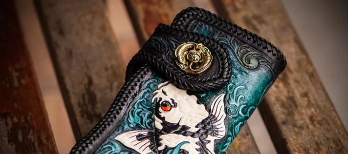 Cool Handmade Leather Tooled Carp Mens Biker Chain Wallet Long Leather Biker Wallet With Chain Wallets for Men
