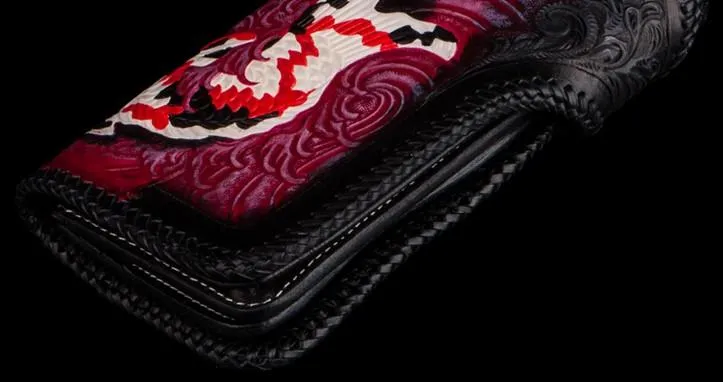 Cool Handmade Leather Tooled Carp Mens Biker Chain Wallet Long Leather Biker Wallet With Chain Wallets for Men