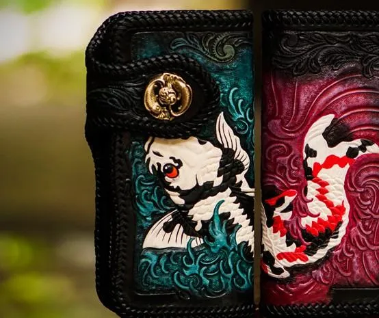 Cool Handmade Leather Tooled Carp Mens Biker Chain Wallet Long Leather Biker Wallet With Chain Wallets for Men