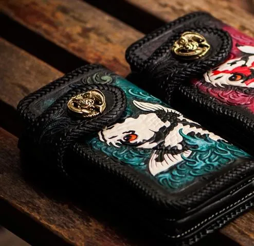 Cool Handmade Leather Tooled Carp Mens Biker Chain Wallet Long Leather Biker Wallet With Chain Wallets for Men
