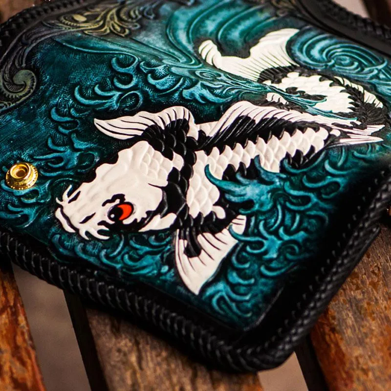 Cool Handmade Leather Tooled Carp Mens Biker Chain Wallet Long Leather Biker Wallet With Chain Wallets for Men