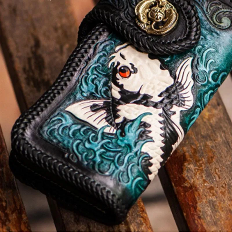 Cool Handmade Leather Tooled Carp Mens Biker Chain Wallet Long Leather Biker Wallet With Chain Wallets for Men