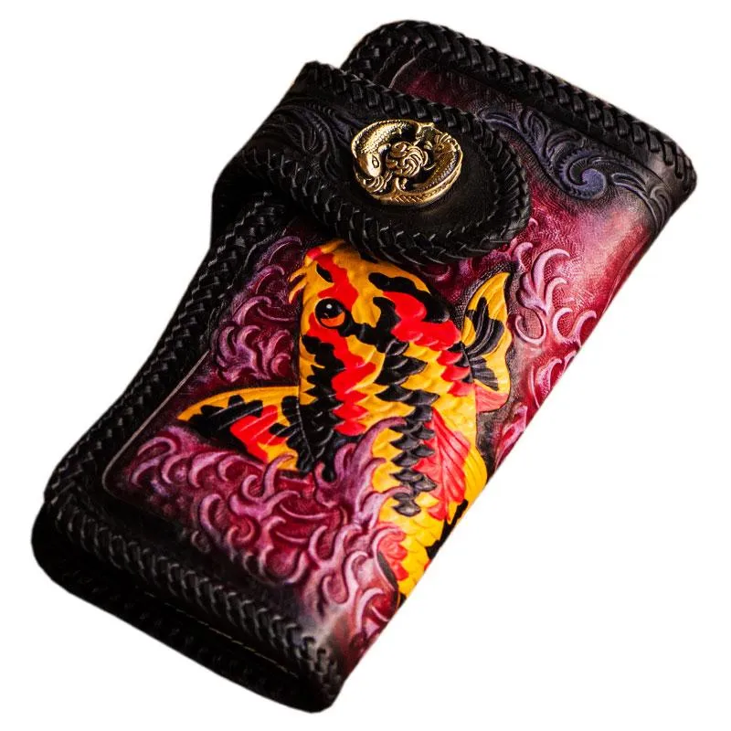 Cool Handmade Leather Tooled Carp Mens Biker Chain Wallet Long Leather Biker Wallet With Chain Wallets for Men