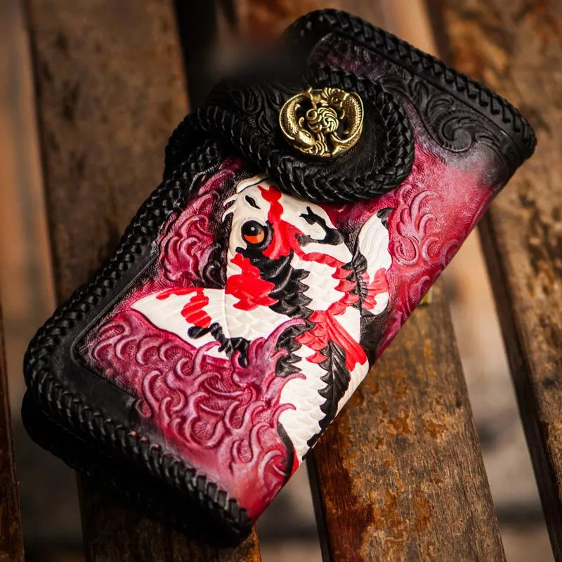 Cool Handmade Leather Tooled Carp Mens Biker Chain Wallet Long Leather Biker Wallet With Chain Wallets for Men