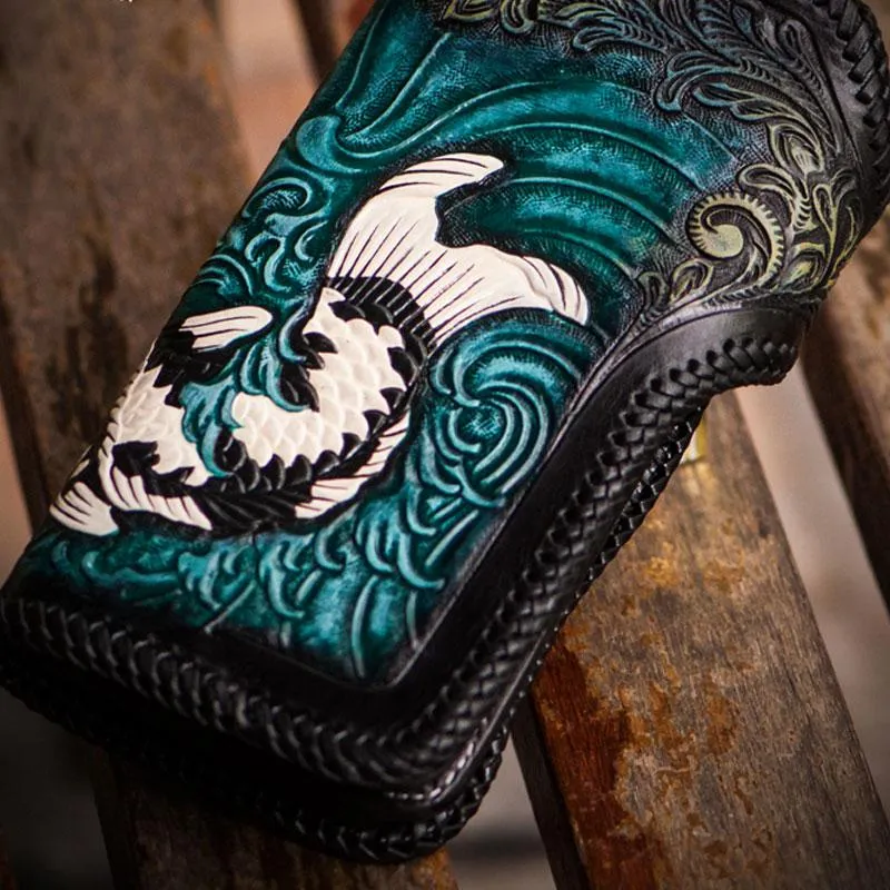 Cool Handmade Leather Tooled Carp Mens Biker Chain Wallet Long Leather Biker Wallet With Chain Wallets for Men