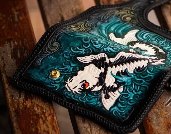 Cool Handmade Leather Tooled Carp Mens Biker Chain Wallet Long Leather Biker Wallet With Chain Wallets for Men