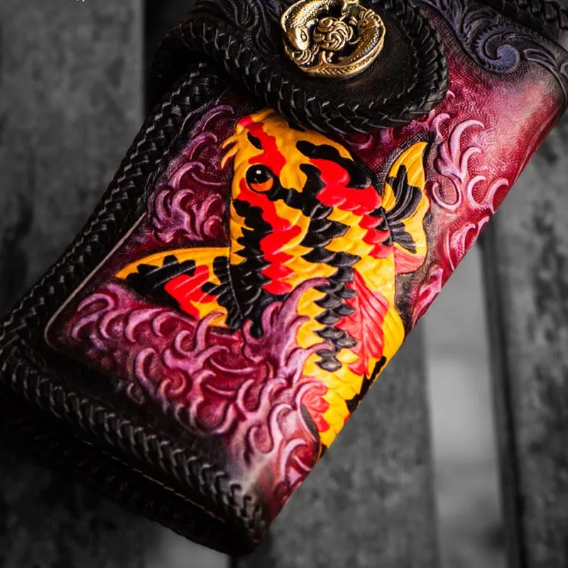 Cool Handmade Leather Tooled Carp Mens Biker Chain Wallet Long Leather Biker Wallet With Chain Wallets for Men
