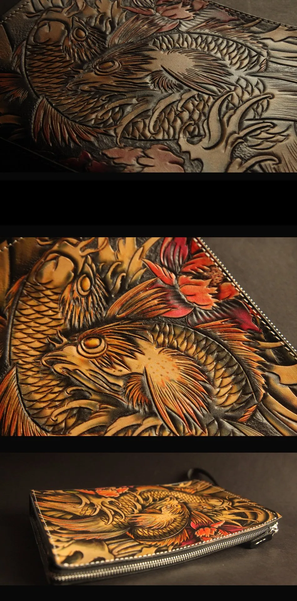 Cool Handmade Tooled Leather Tan Floral Skull Clutch Wallet Wristlet Bag Clutch Purse For Men