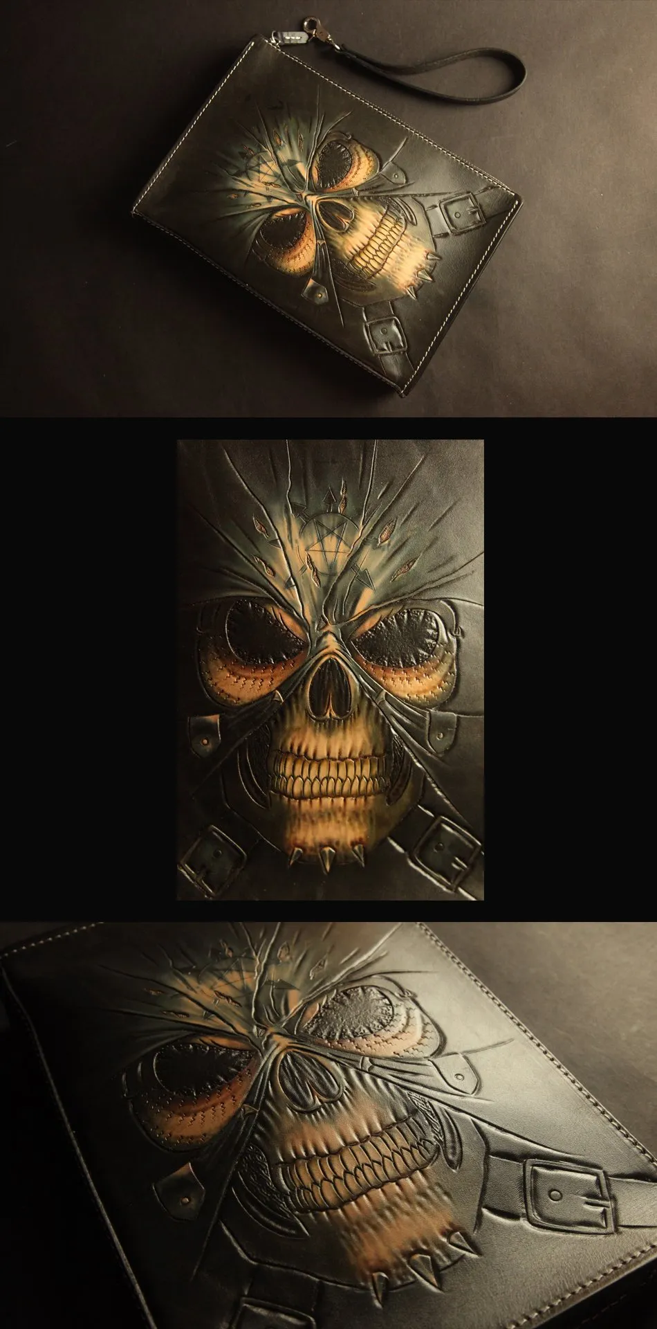 Cool Handmade Tooled Leather Tan Floral Skull Clutch Wallet Wristlet Bag Clutch Purse For Men