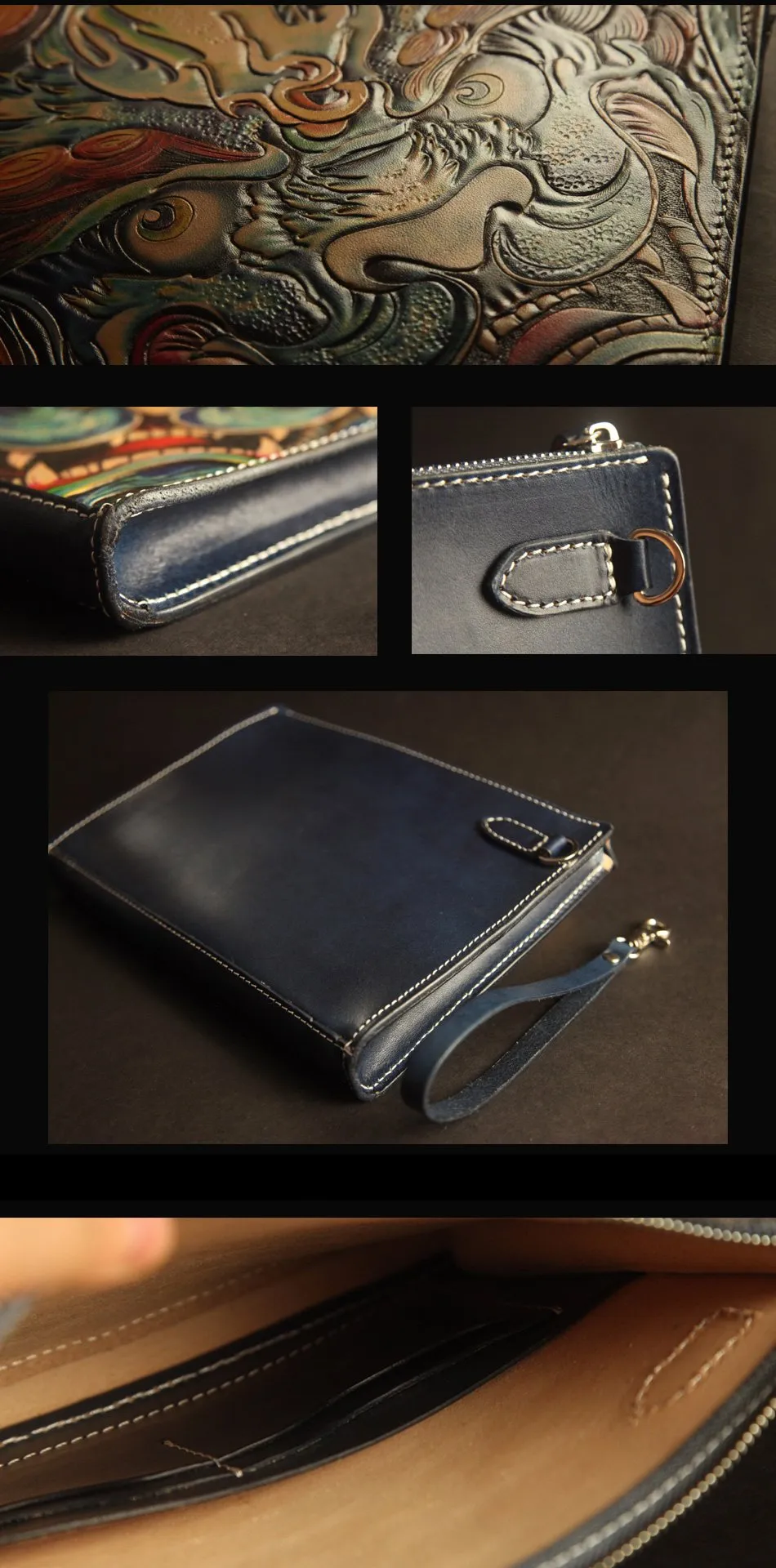Cool Handmade Tooled Leather Tan Floral Skull Clutch Wallet Wristlet Bag Clutch Purse For Men