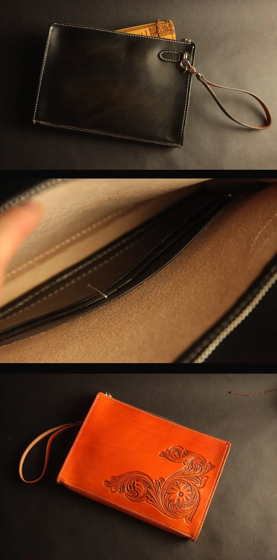 Cool Handmade Tooled Leather Tan Floral Skull Clutch Wallet Wristlet Bag Clutch Purse For Men