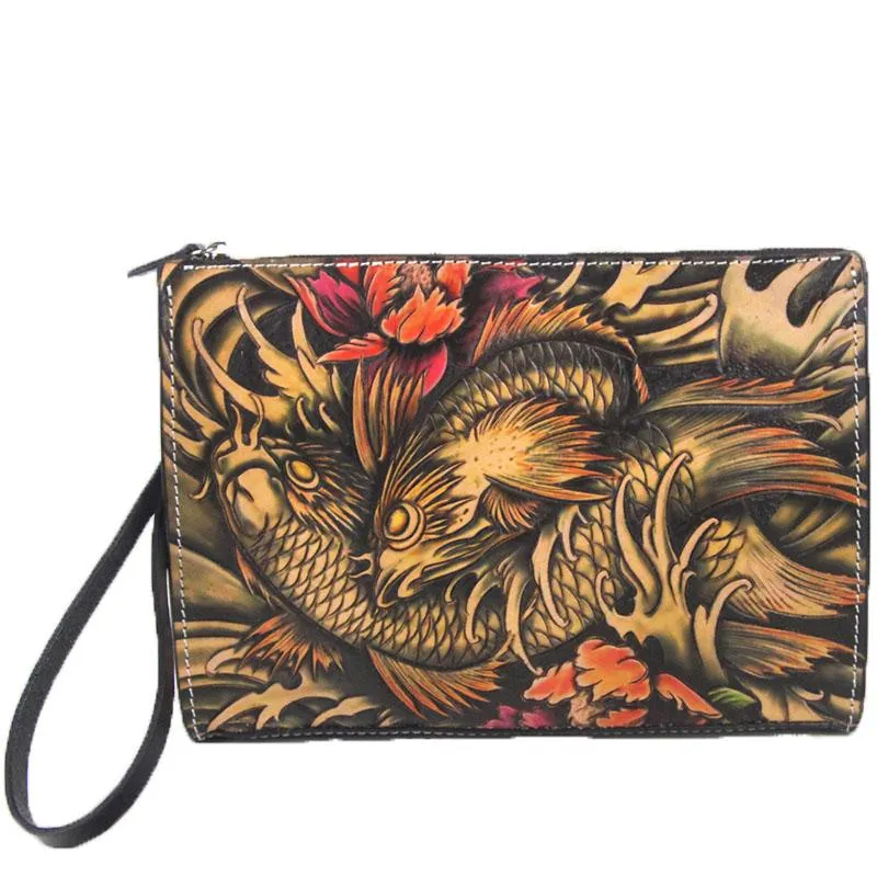 Cool Handmade Tooled Leather Tan Floral Skull Clutch Wallet Wristlet Bag Clutch Purse For Men