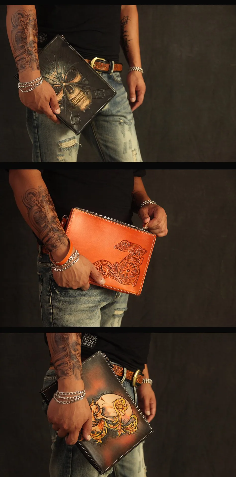 Cool Handmade Tooled Leather Tan Floral Skull Clutch Wallet Wristlet Bag Clutch Purse For Men