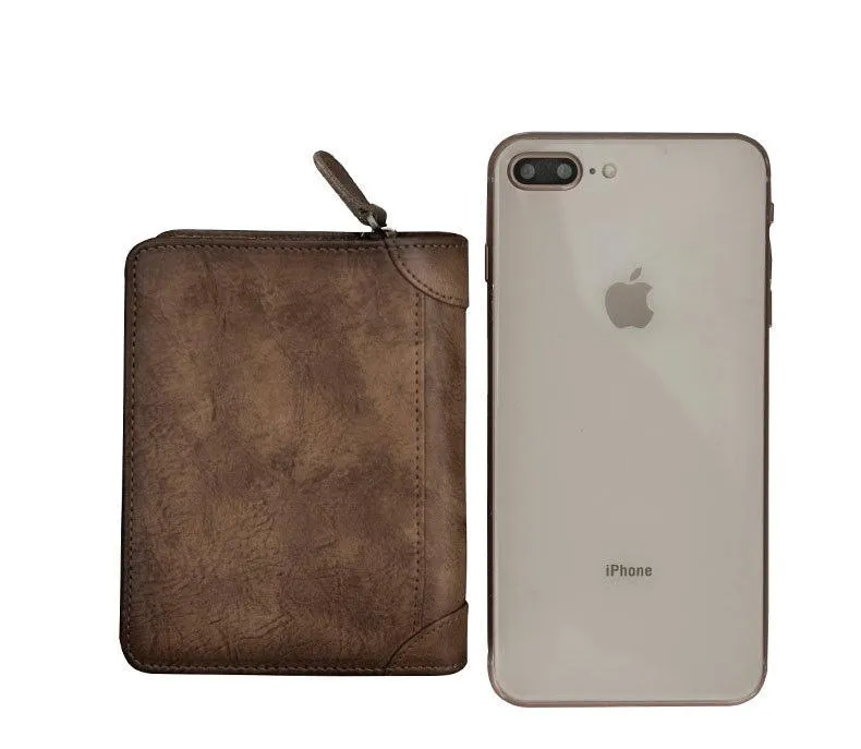 Cool Leather Brown Men's Zipper billfold Small Wallet Bifold Wallet Card Wallet For Men