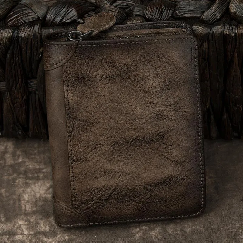 Cool Leather Brown Men's Zipper billfold Small Wallet Bifold Wallet Card Wallet For Men