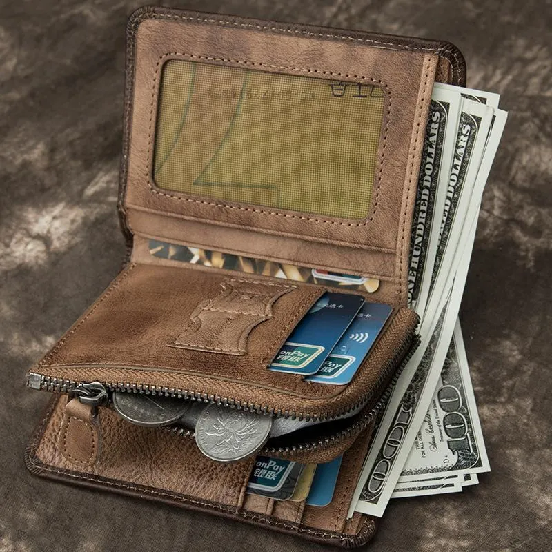 Cool Leather Brown Men's Zipper billfold Small Wallet Bifold Wallet Card Wallet For Men