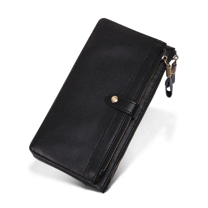 Cool Leather Long Wallet for Men Vintage Double Zipper Long Wallet for Men