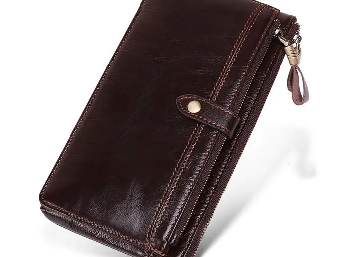 Cool Leather Long Wallet for Men Vintage Double Zipper Long Wallet for Men