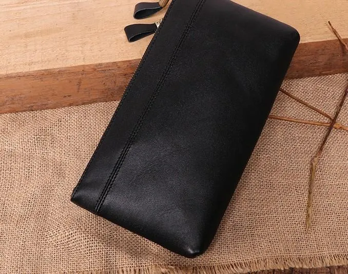 Cool Leather Long Wallet for Men Vintage Double Zipper Long Wallet for Men