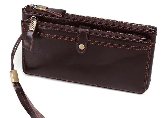 Cool Leather Long Wallet for Men Vintage Double Zipper Long Wallet for Men