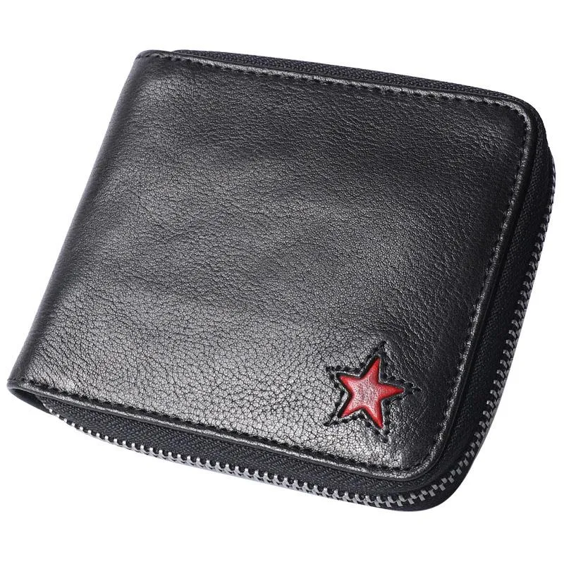 Cool Leather Mens Black Zipper Small billfold Wallet Leather Wallet Bifold billfold Wallets for Men
