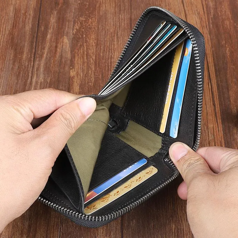 Cool Leather Mens Black Zipper Small billfold Wallet Leather Wallet Bifold billfold Wallets for Men
