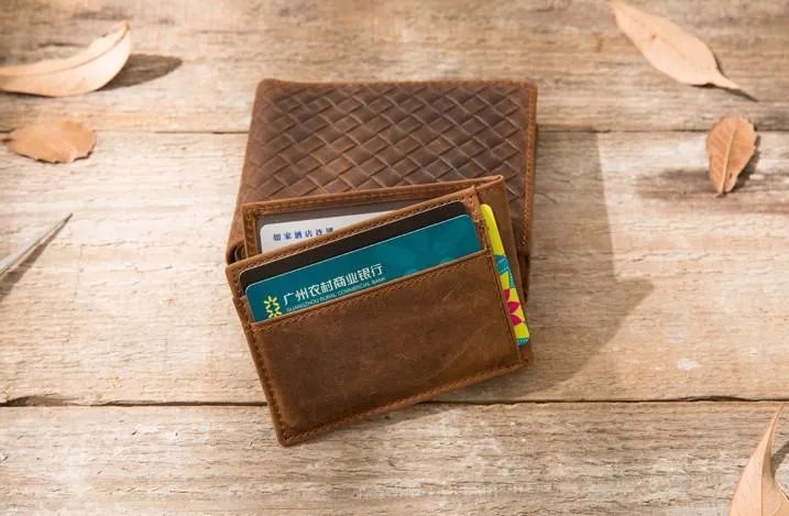 Cool Leather Mens Briaded Small Wallet Bifold Vintage Slim billfold Wallet for Men