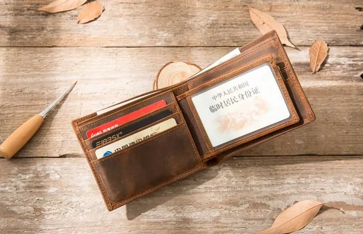 Cool Leather Mens Briaded Small Wallet Bifold Vintage Slim billfold Wallet for Men