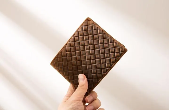 Cool Leather Mens Briaded Small Wallet Bifold Vintage Slim billfold Wallet for Men