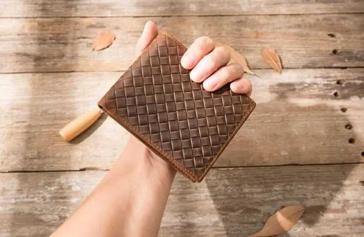 Cool Leather Mens Briaded Small Wallet Bifold Vintage Slim billfold Wallet for Men