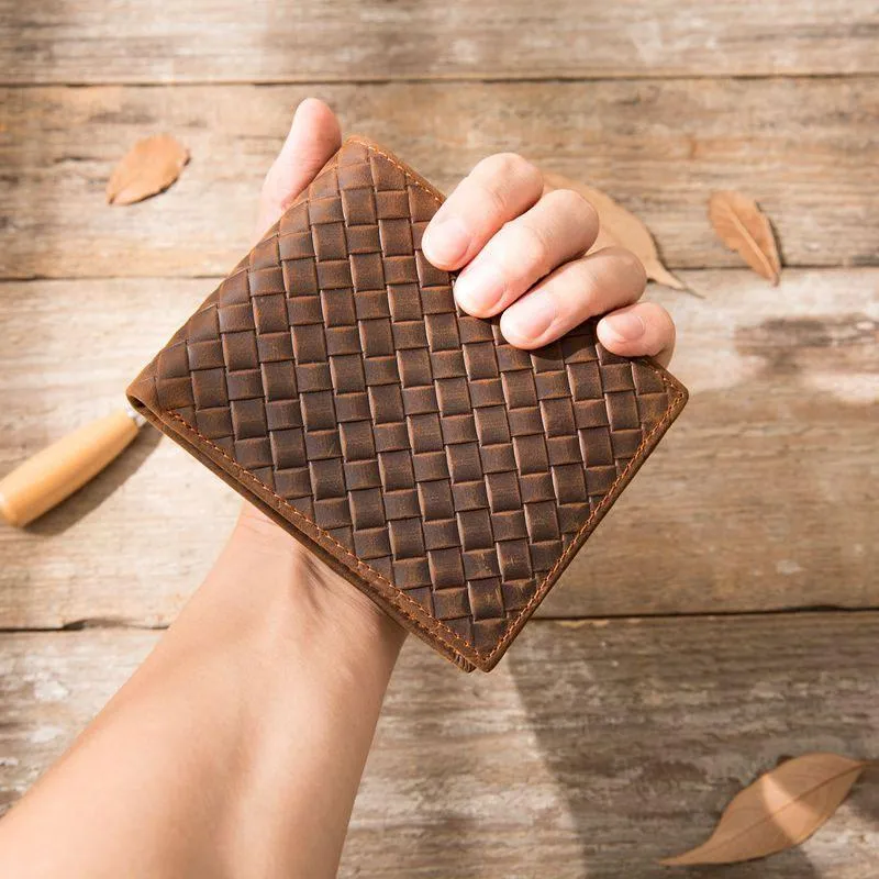 Cool Leather Mens Briaded Small Wallet Bifold Vintage Slim billfold Wallet for Men