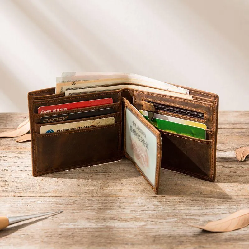 Cool Leather Mens Briaded Small Wallet Bifold Vintage Slim billfold Wallet for Men