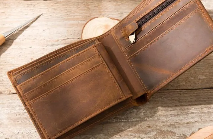 Cool Leather Mens Briaded Small Wallet Bifold Vintage Slim billfold Wallet for Men