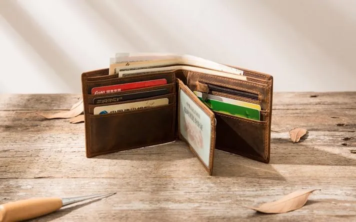 Cool Leather Mens Briaded Small Wallet Bifold Vintage Slim billfold Wallet for Men