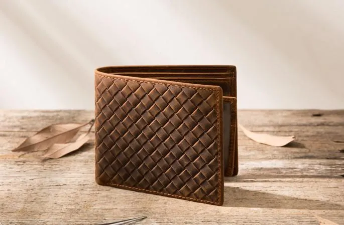 Cool Leather Mens Briaded Small Wallet Bifold Vintage Slim billfold Wallet for Men