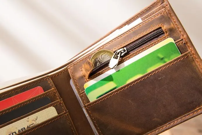 Cool Leather Mens Briaded Small Wallet Bifold Vintage Slim billfold Wallet for Men