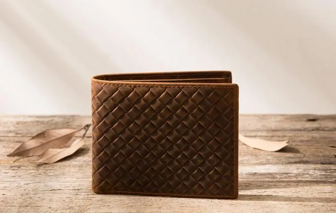 Cool Leather Mens Briaded Small Wallet Bifold Vintage Slim billfold Wallet for Men