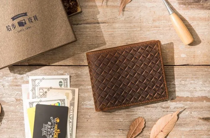 Cool Leather Mens Briaded Small Wallet Bifold Vintage Slim billfold Wallet for Men