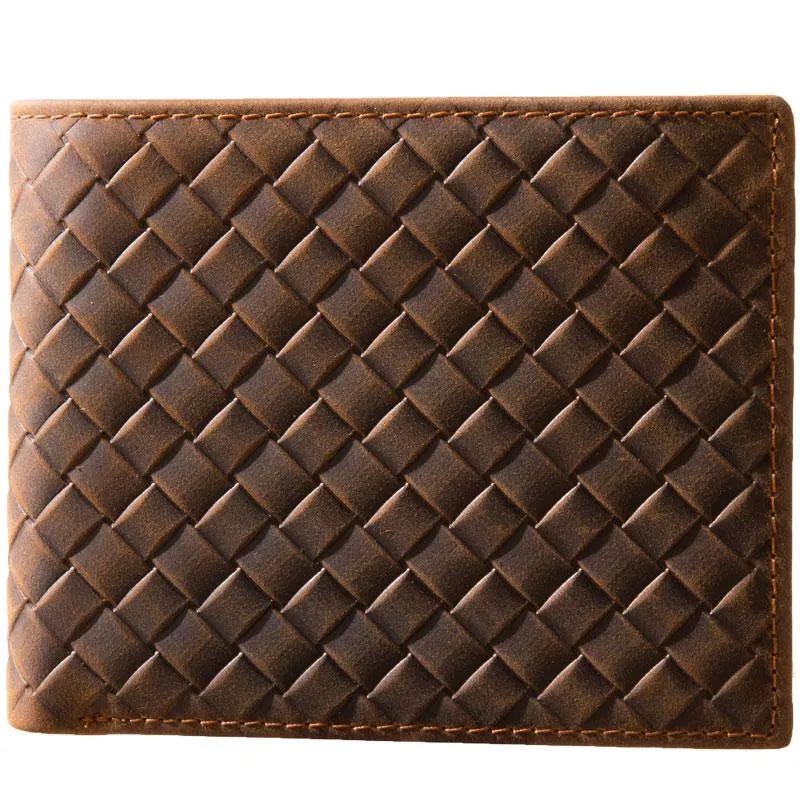 Cool Leather Mens Briaded Small Wallet Bifold Vintage Slim billfold Wallet for Men