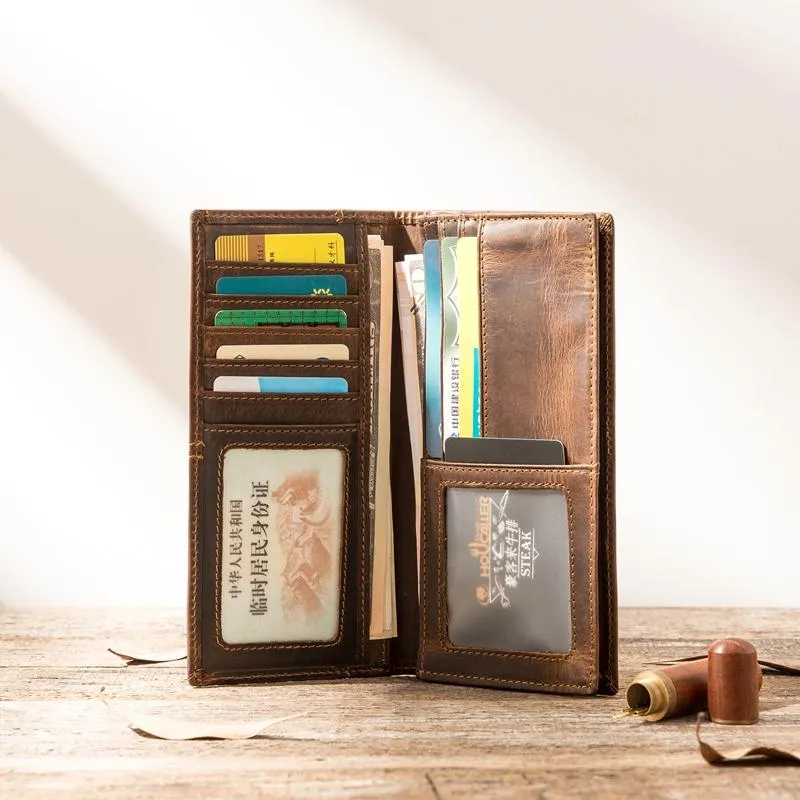 Cool Leather Mens Brown Bifold Long Wallets Long Wallet Clutch Card Wallet for Men