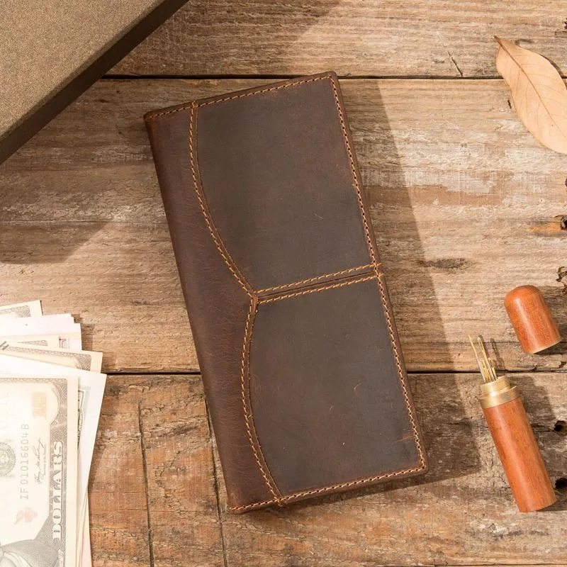Cool Leather Mens Brown Bifold Long Wallets Long Wallet Clutch Card Wallet for Men