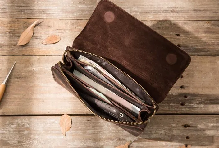 Cool Leather Mens Large Long Zipper Clutch Wallet Long Wallet for Men