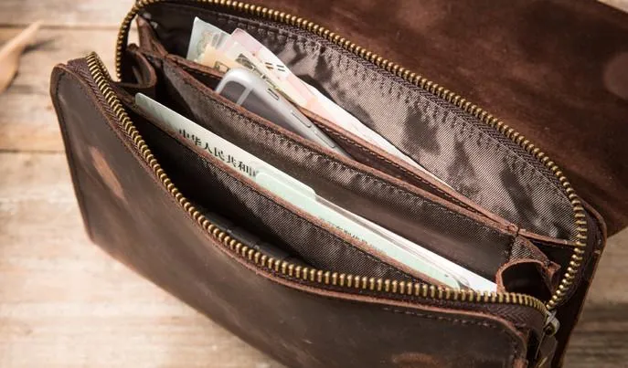 Cool Leather Mens Large Long Zipper Clutch Wallet Long Wallet for Men