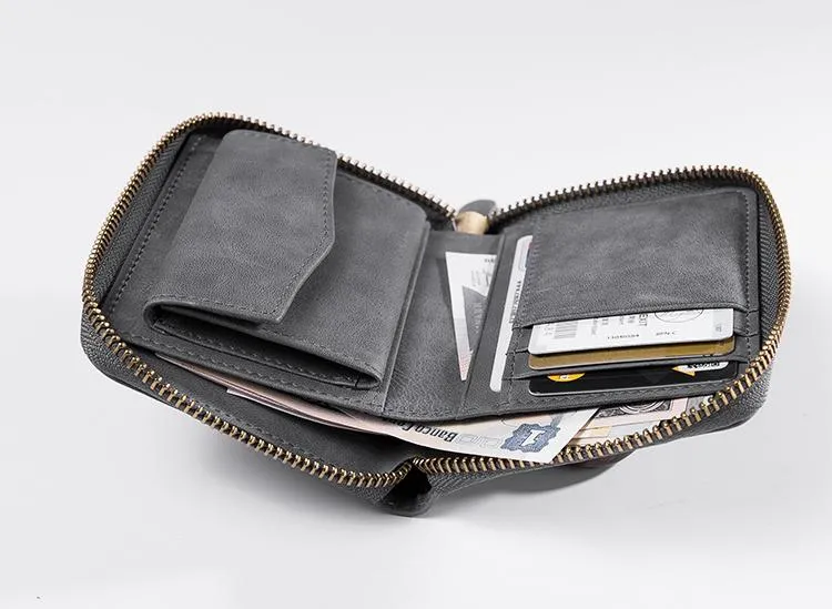 Cool Leather Mens Slim Leather Small Wallet Zipper billfold Wallets Bifold for Men