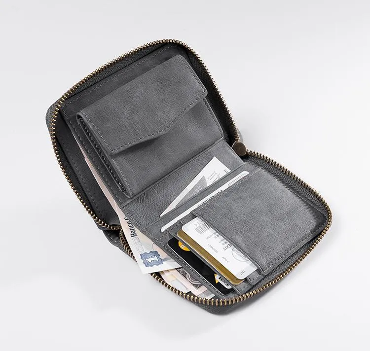 Cool Leather Mens Slim Leather Small Wallet Zipper billfold Wallets Bifold for Men