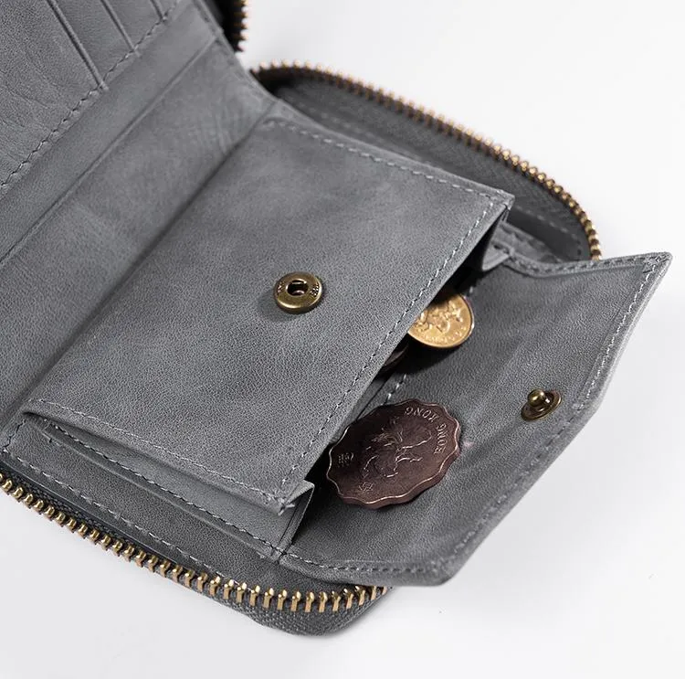 Cool Leather Mens Slim Leather Small Wallet Zipper billfold Wallets Bifold for Men