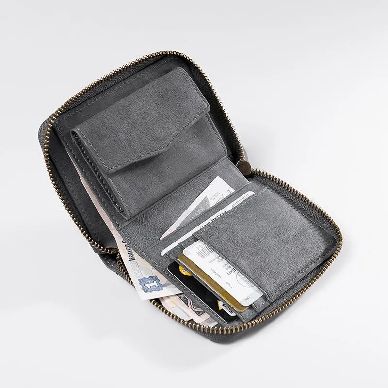Cool Leather Mens Slim Leather Small Wallet Zipper billfold Wallets Bifold for Men