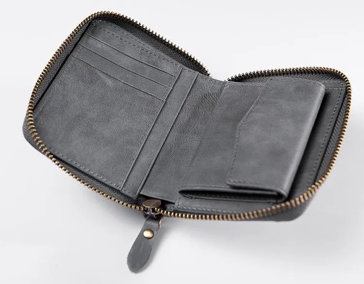 Cool Leather Mens Slim Leather Small Wallet Zipper billfold Wallets Bifold for Men