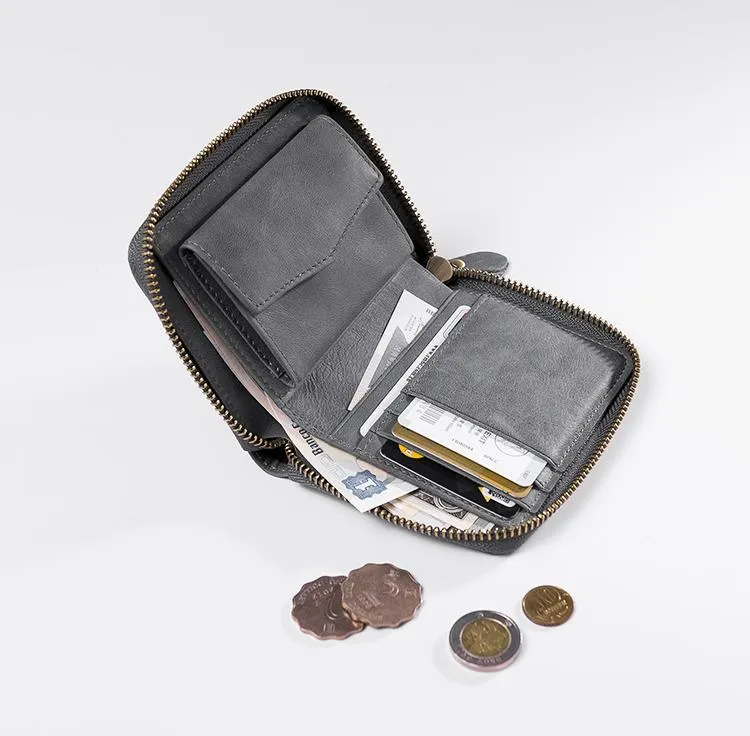 Cool Leather Mens Slim Leather Small Wallet Zipper billfold Wallets Bifold for Men